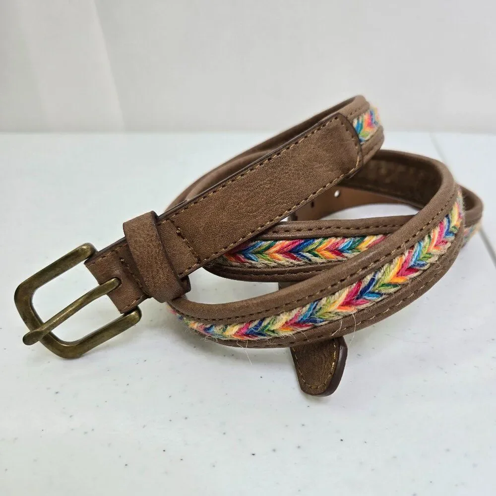 Asos Belt 20 22 Rainbow Weave Chevron Brown Faux Leather UK 22/24